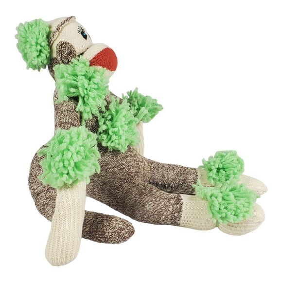 Sock Monkey Plush Green Pom Poms Colorful Easter Spring Stuffed Toy 18" Fun - Picture 3 of 10
